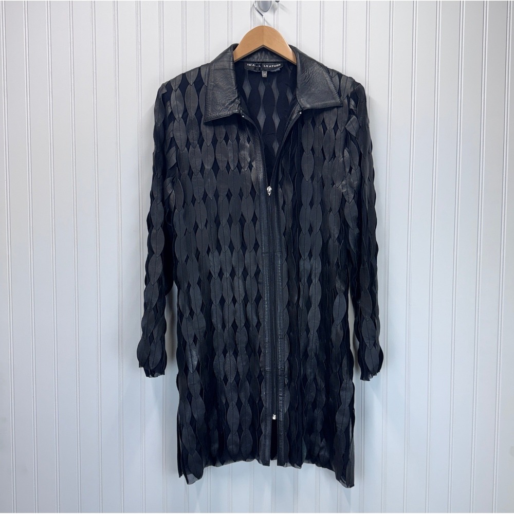 Image Leather Jacket Womens M Black Leaf Applique Mesh Longline Gothic Edgy